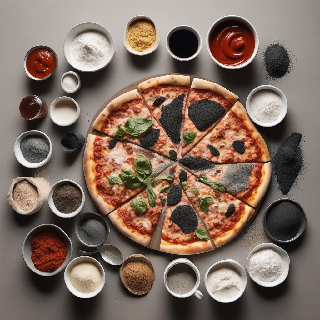 Items needed to answer the question, How do I prepare a gourmet black dough pizza. Items include:  Flour  Yeast  Salt  Activated Charcoal  Water  Pizza Sauce  Gourmet Toppings
