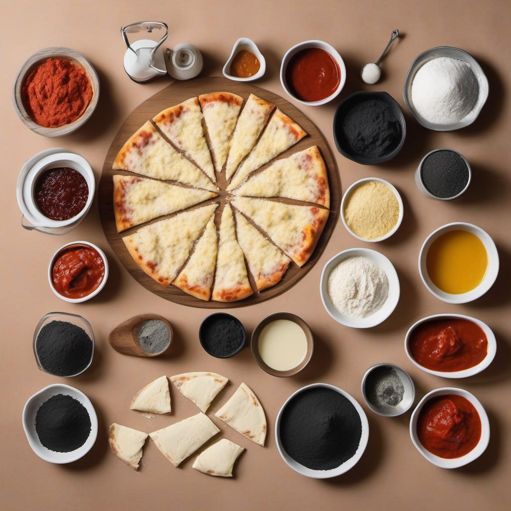 Items needed to answer the question, How do I bake a crispy black dough pizza. Items include:  All-purpose flour  Instant yeast  Salt  Warm water  Activated charcoal powder  Pizza sauce  Toppings  Mozzarella cheese