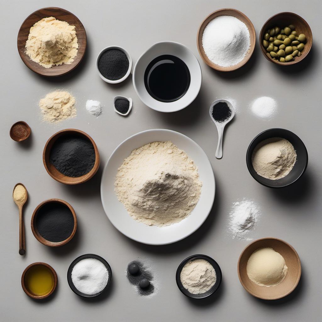 Items needed to answer the question, How do I master the art of black dough pizza. Items include:  All-purpose flour  Activated charcoal powder  Salt  Sugar  Olive oil  Warm water  Dry yeast