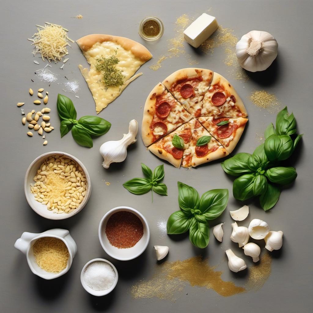 Items needed to answer the question, How do I cook a gold leaf pesto pizza. Items include:  fresh basil leaves  pine nuts  garlic cloves  grated Parmesan cheese  salt  pepper  mozzarella cheese  pizza dough  edible gold leaf