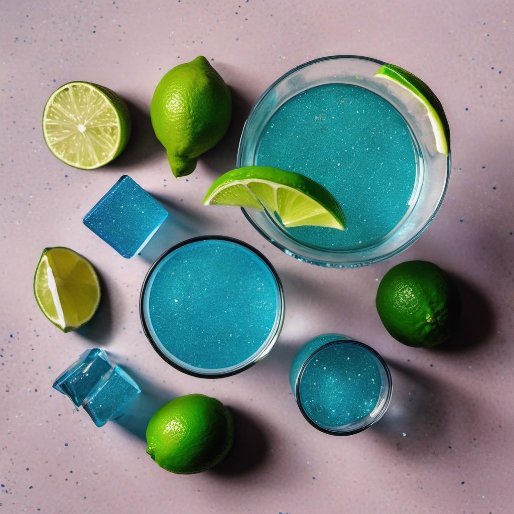 Items needed to answer the question, How do I make a unicorn margarita. Items include:  Tequila  Blue curaçao  Lime juice  Simple syrup  Ice cubes  Food coloring  Lime slice  Edible glitter
