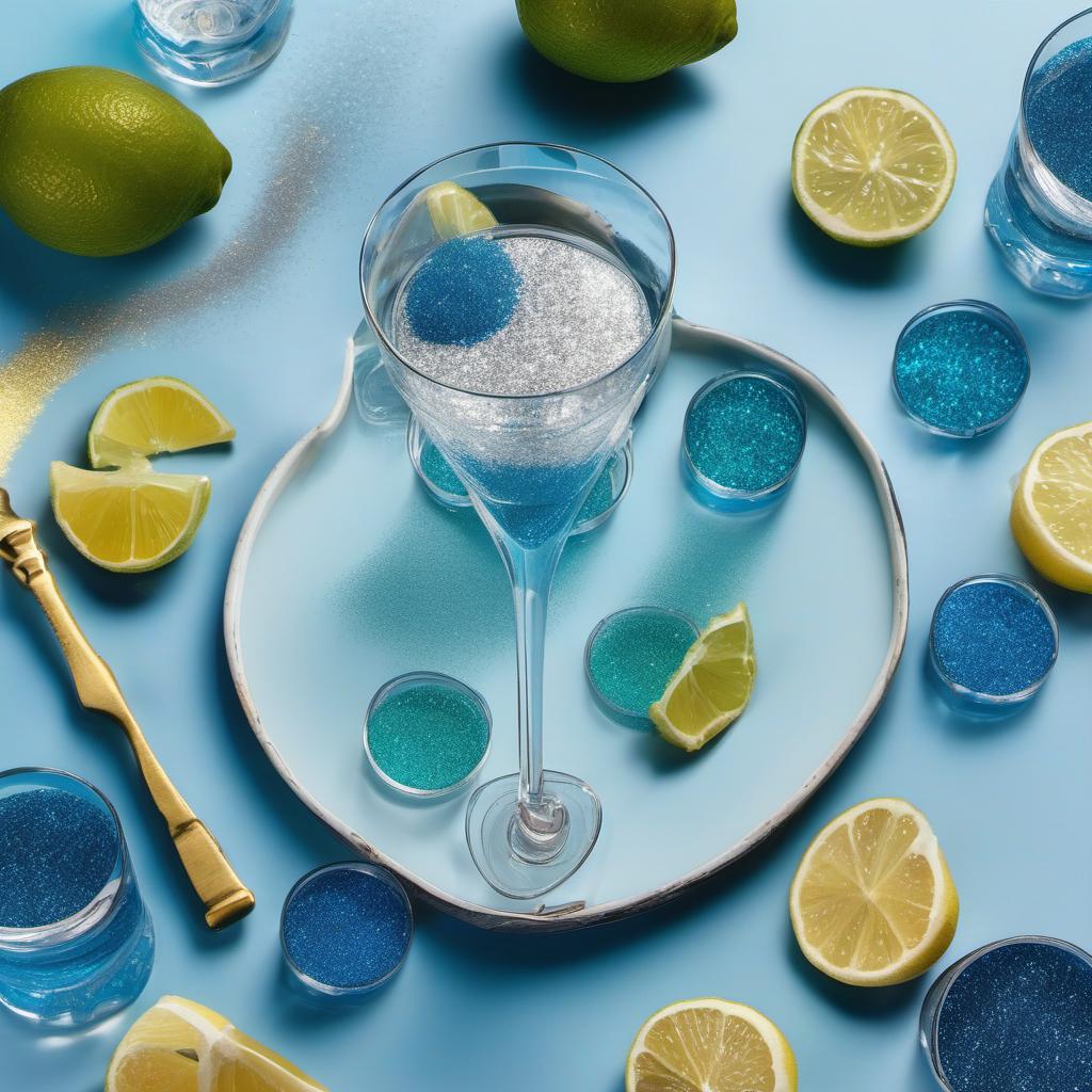 Items needed to answer the question, How do I craft a galaxy martini. Items include:  Martini Glass  Edible Glitter  Sugar  Vodka  Blue Curaçao