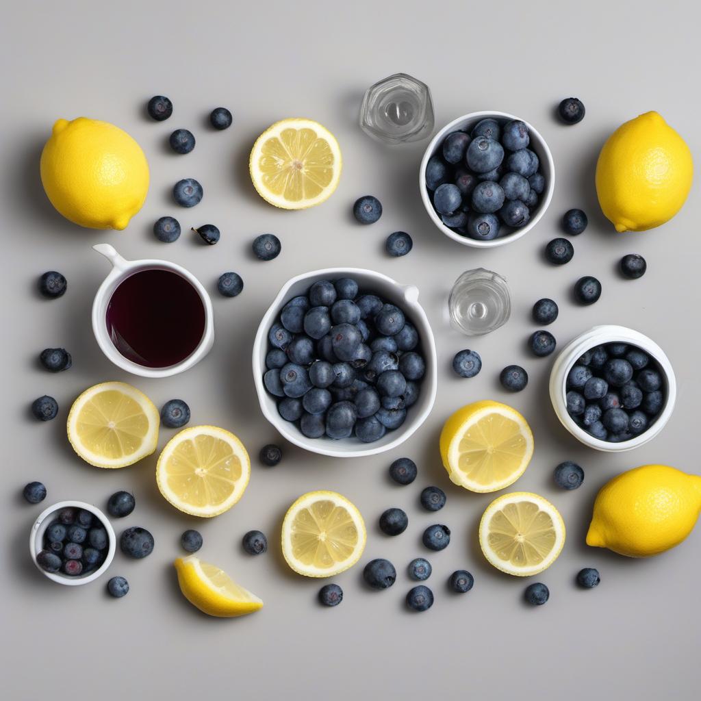 Items needed to answer the question, How do I mix a sparkling blueberry lemonade. Items include:  Blueberries  Lemon juice  Sugar  Water  Ice cubes  Lemon slices  Fresh blueberries