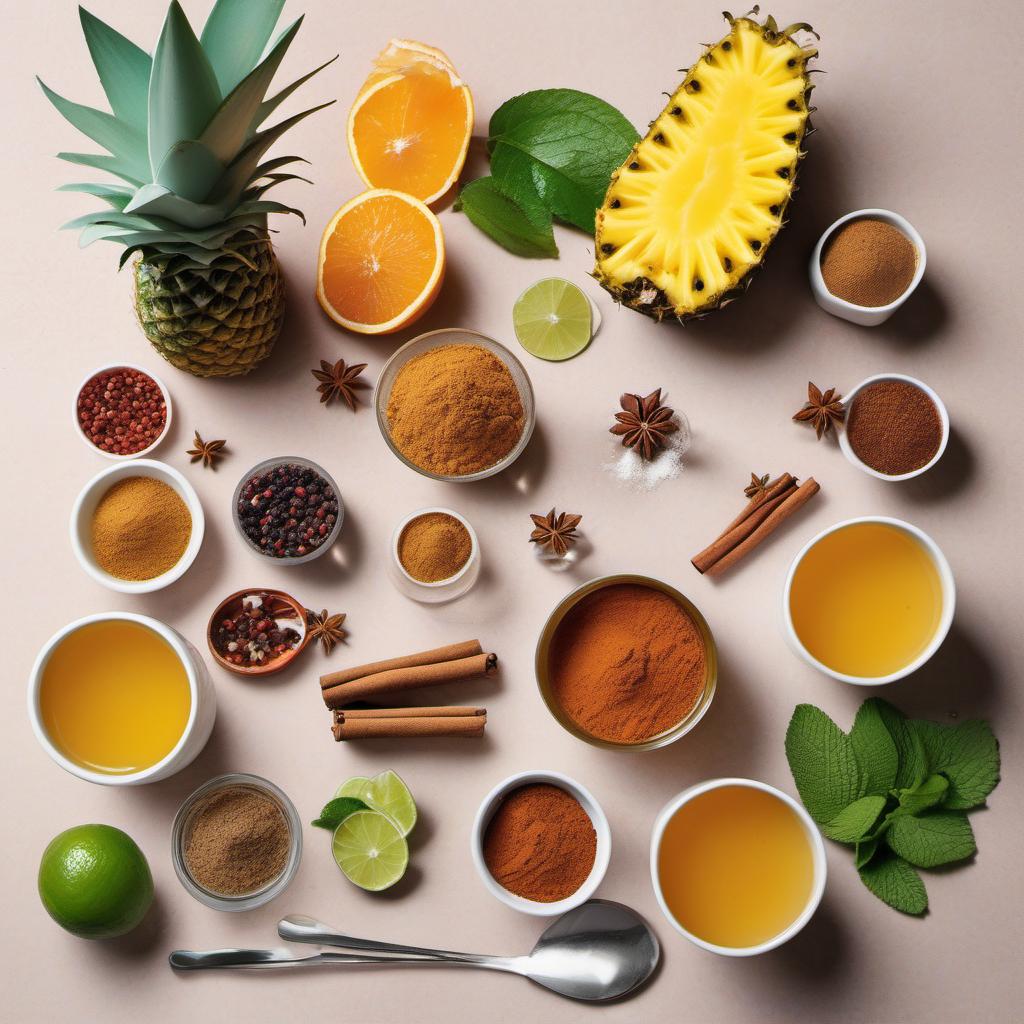 Items needed to answer the question, How do I smoke smoky spiced rum punch. Items include:  Spices (cinnamon, cloves, allspice berries)  Ground nutmeg  Spicy rum  Pineapple juice  Orange juice  Freshly squeezed lime juice  Ice  Fresh mint  Slice of pineapple