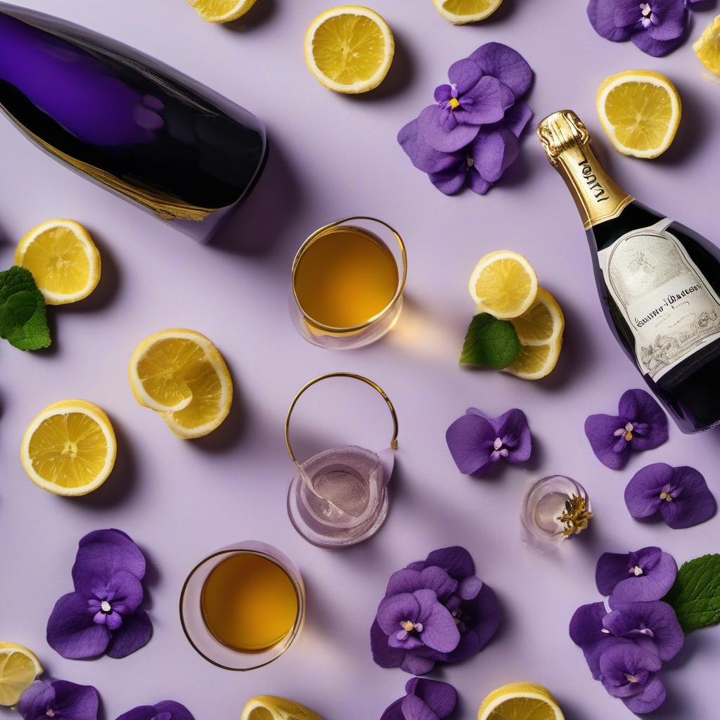 Items needed to answer the question, How do I shake up a Violet Champagne Cocktail. Items include:  Chilled Champagne  Violet Liqueur  Edible Violets
