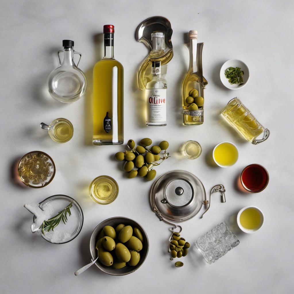 Items needed to answer the question, How do I whip up a Molecular Gastronomy Martini. Items include:  Vodka  Dry vermouth  Olive brine  Liquid nitrogen  Olive oil