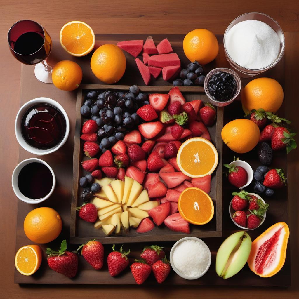 Items needed to answer the question, How do I mix a Molecular Gastronomy Sangria. Items include:  Fruits  Sangria  Sodium Alginate  Calcium Chloride