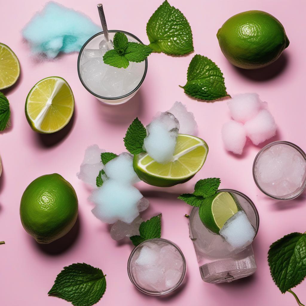 Items needed to answer the question, How do I mix a Cotton Candy Mojito. Items include:  White Rum  Fresh Lime Juice  Simple Syrup  Mint Leaves  Cotton Candy  Club Soda  Crushed Ice
