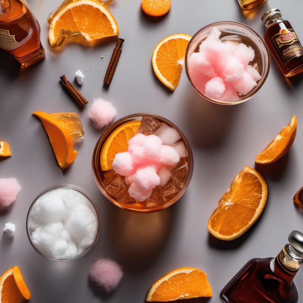 Items needed to answer the question, How do I stir a Cotton Candy Old Fashioned. Items include:  bourbon  sugar cube  angostura bitters  water  cotton candy  orange twist