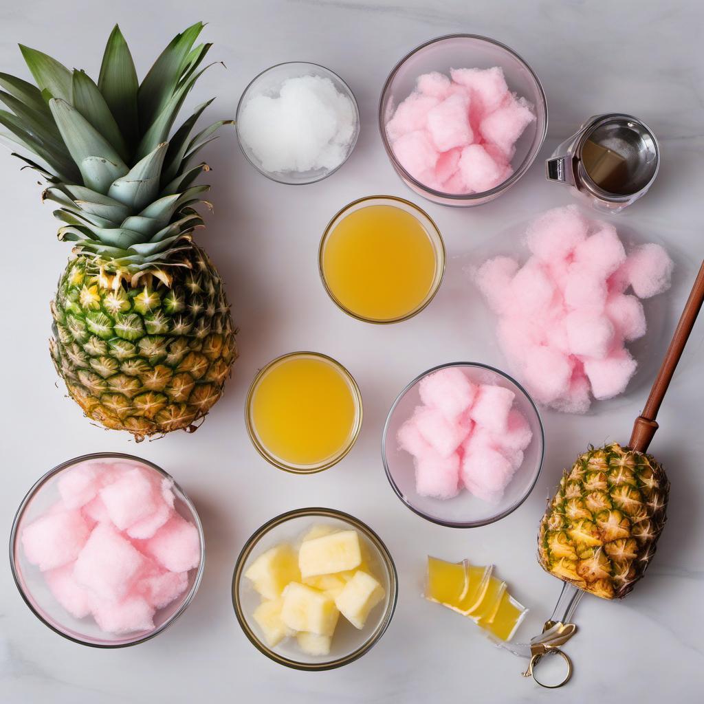 Items needed to answer the question, How do I blend a Cotton Candy Piña Colada. Items include:  pineapple chunks  coconut cream  cotton candy  ice  pineapple juice  rum