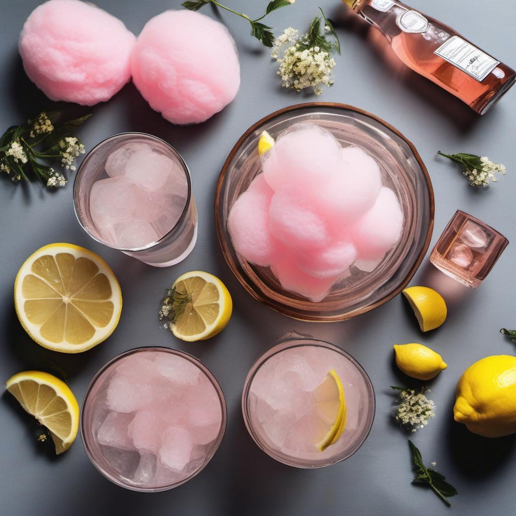 Items needed to answer the question, How do I serve a Cotton Candy Spritz. Items include:  Cotton Candy  Vodka  Elderflower Liqueur  Lemon Juice  Sparkling Water