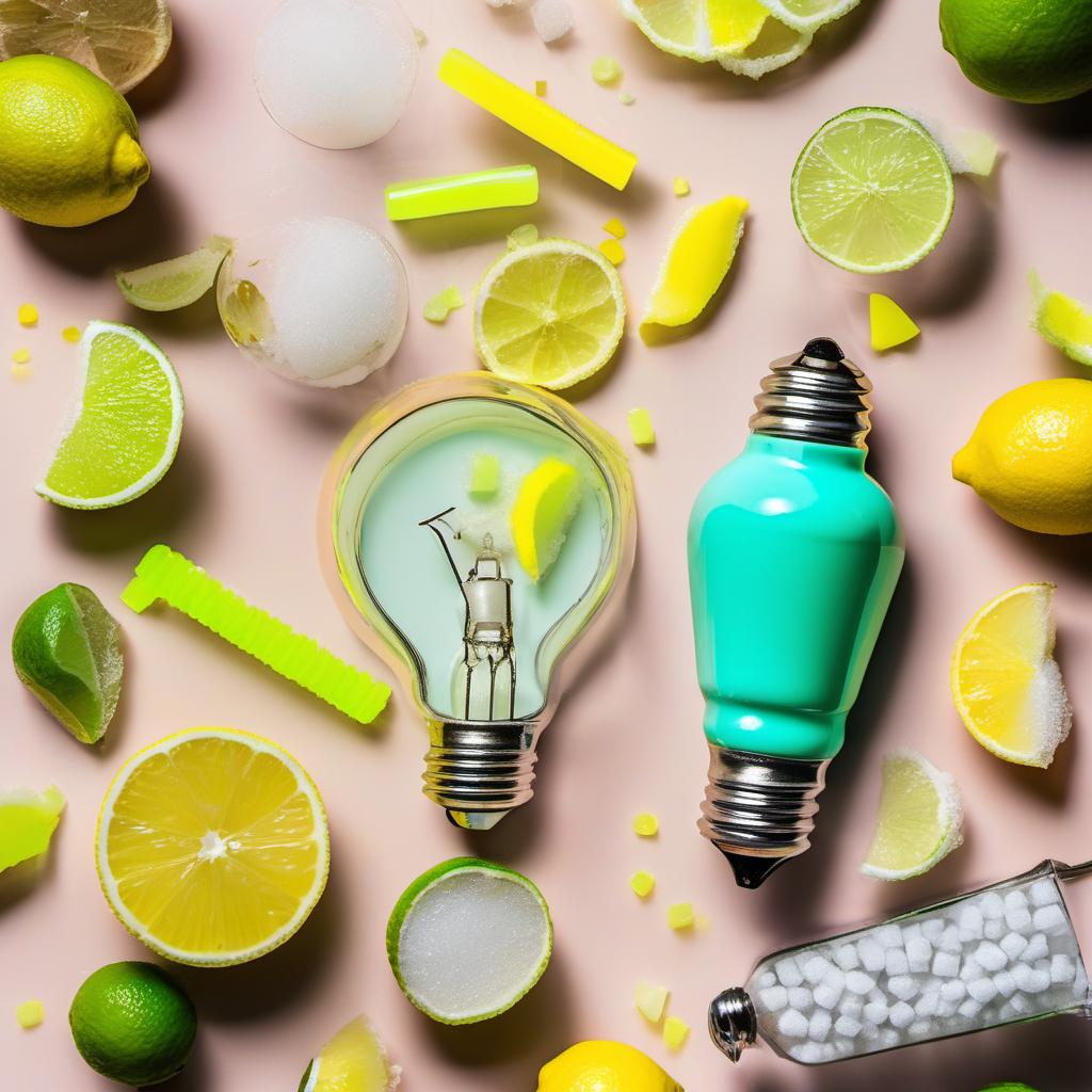 Items needed to answer the question, How do I garnish a picture-perfect Lightbulb Cocktail. Items include:  Lightbulb glass  Colored sugar  Lemon or lime wedge  Glow stick  Cocktail ingredients