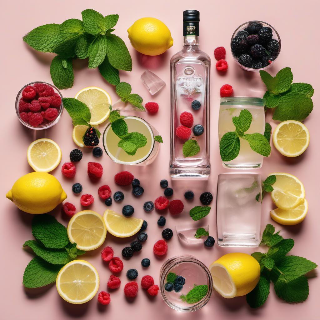 Items needed to answer the question, How do I whip up a fruity gin fizz. Items include:  gin  lemon juice  simple syrup  assorted berries  sparkling water or club soda  ice  fresh mint or citrus fruit slice