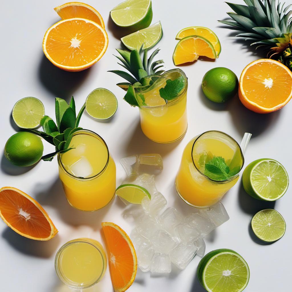 Items needed to answer the question, How do I shake up a tropical martini. Items include:  Tropical fruit-flavored vodka  Pineapple juice  Orange juice  Lime juice  Simple syrup  Ice cubes  Twist of lime