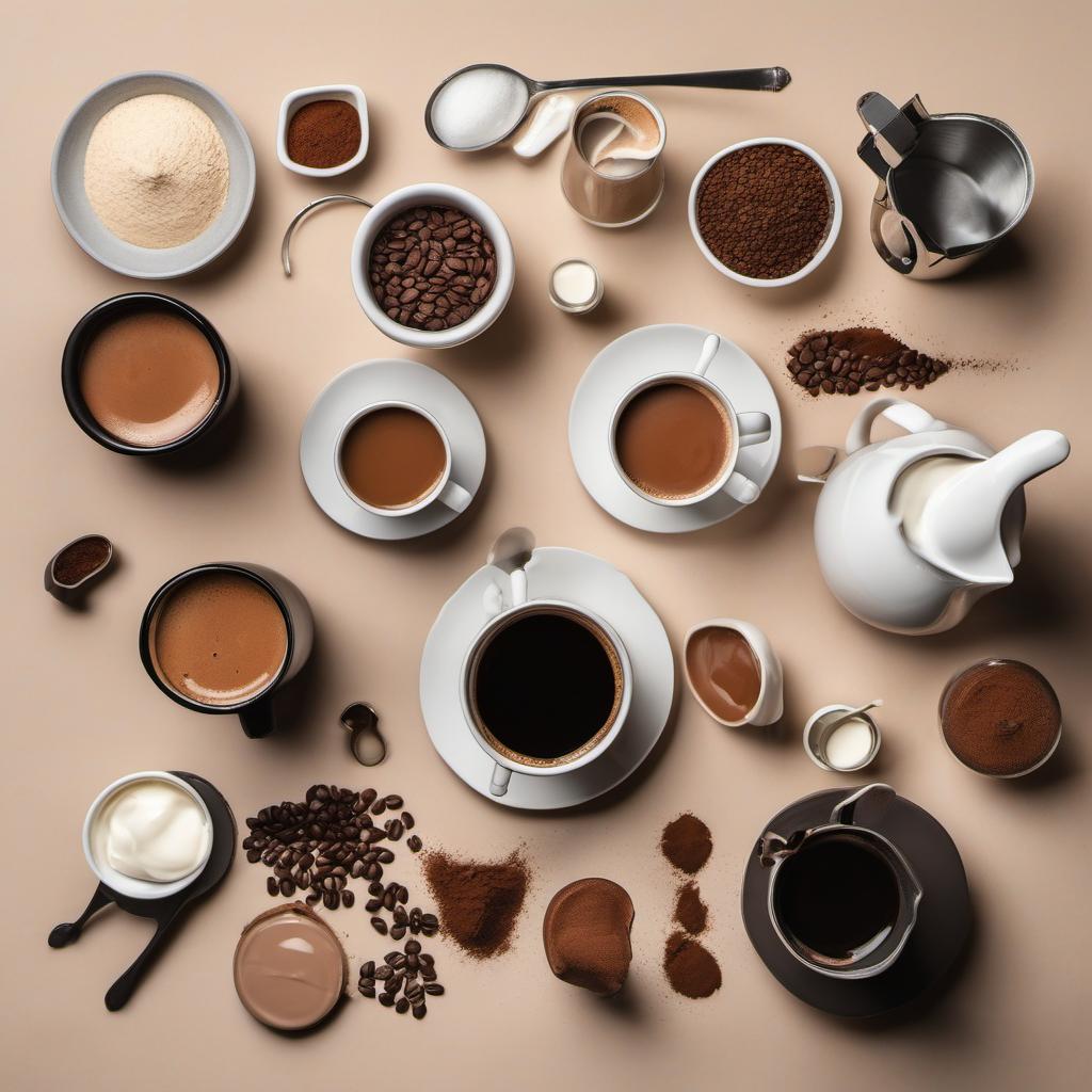 Items needed to answer the question, How do I make 3D latte art at home. Items include:  Frothing pitcher  Espresso machine  Milk  Coffee  Cocoa powder  Spoon