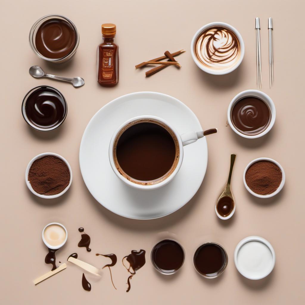 Items needed to answer the question, How do I make a 3D butterfly in my espresso. Items include:  chocolate syrup  toothpick  latte art tool