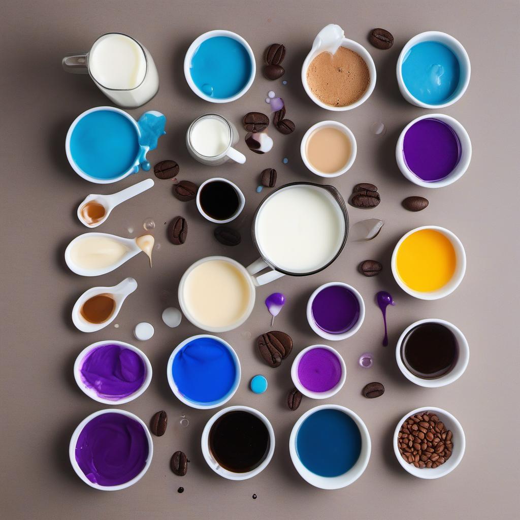 Items needed to answer the question, How do I make a galaxy cat latte. Items include:  Milk  Coffee  Food coloring (black)  Food coloring (blue, purple, white)  Toothpick or small brush
