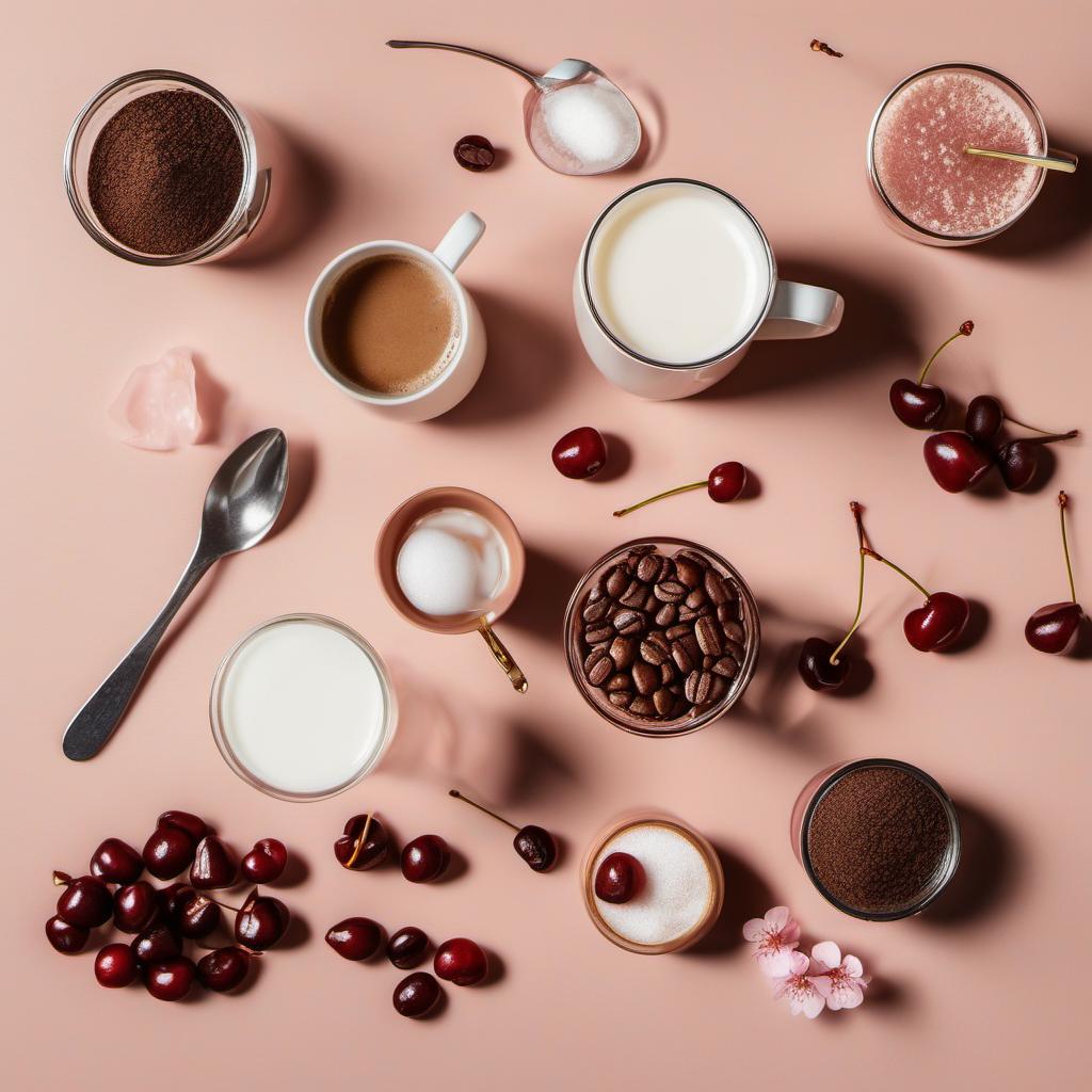 Items needed to answer the question, How do I create a cherry blossom latte. Items include:  Coffee  Water  Sugar  Cherry blossom extract  Milk