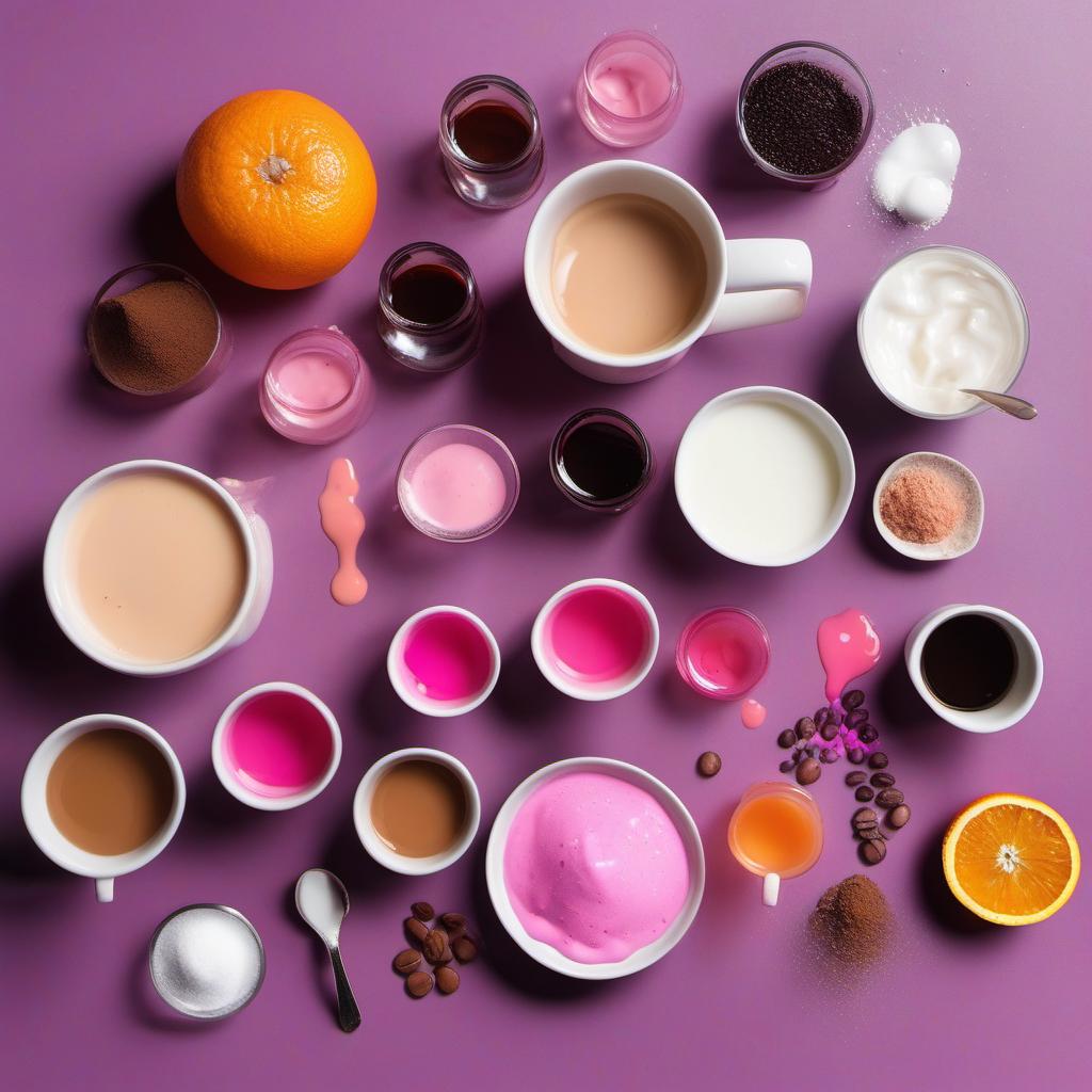 Items needed to answer the question, How do I make a tropical sunset latte. Items include:  Espresso  Milk  Sugar  Vanilla Extract  Pink Food Coloring  Purple Food Coloring  Orange Food Coloring