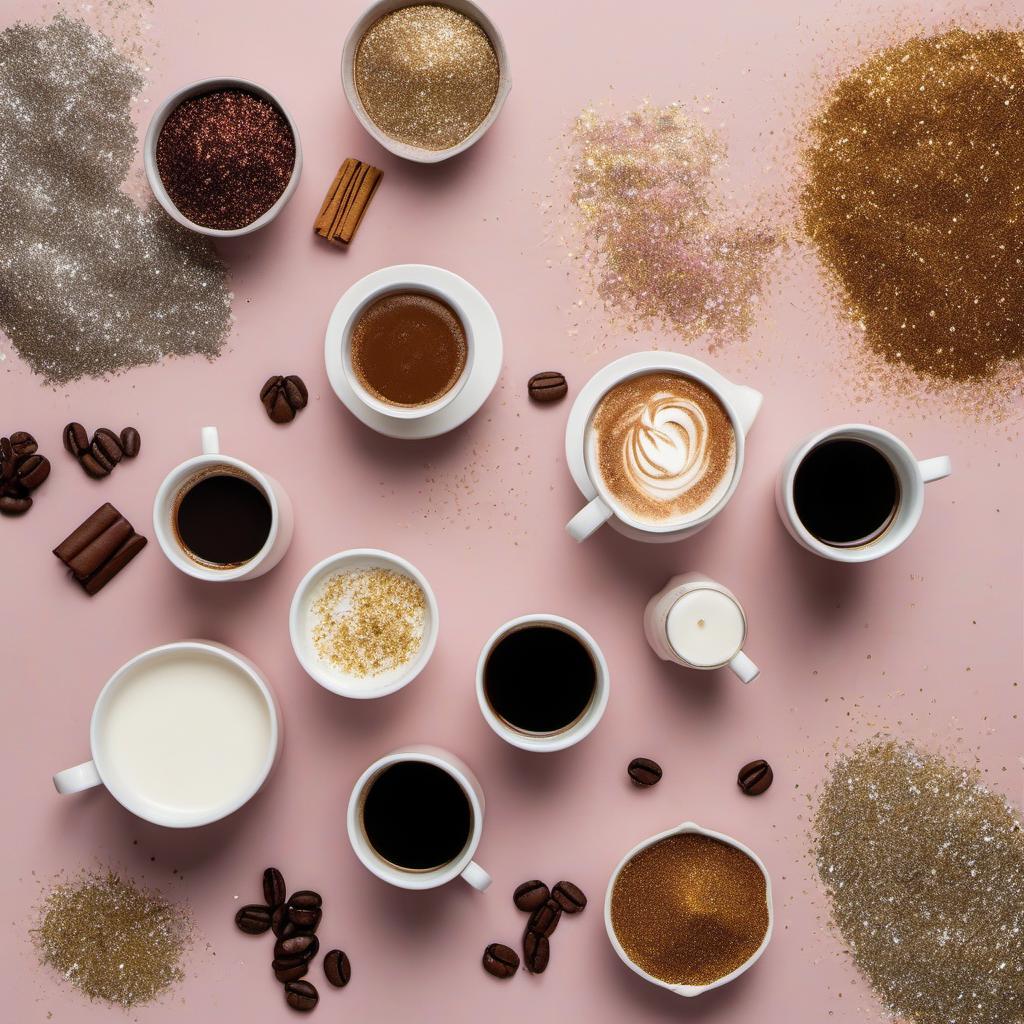 Items needed to answer the question, How do I make a frothy Glitter Latte. Items include:  Coffee  Milk  Edible glitter