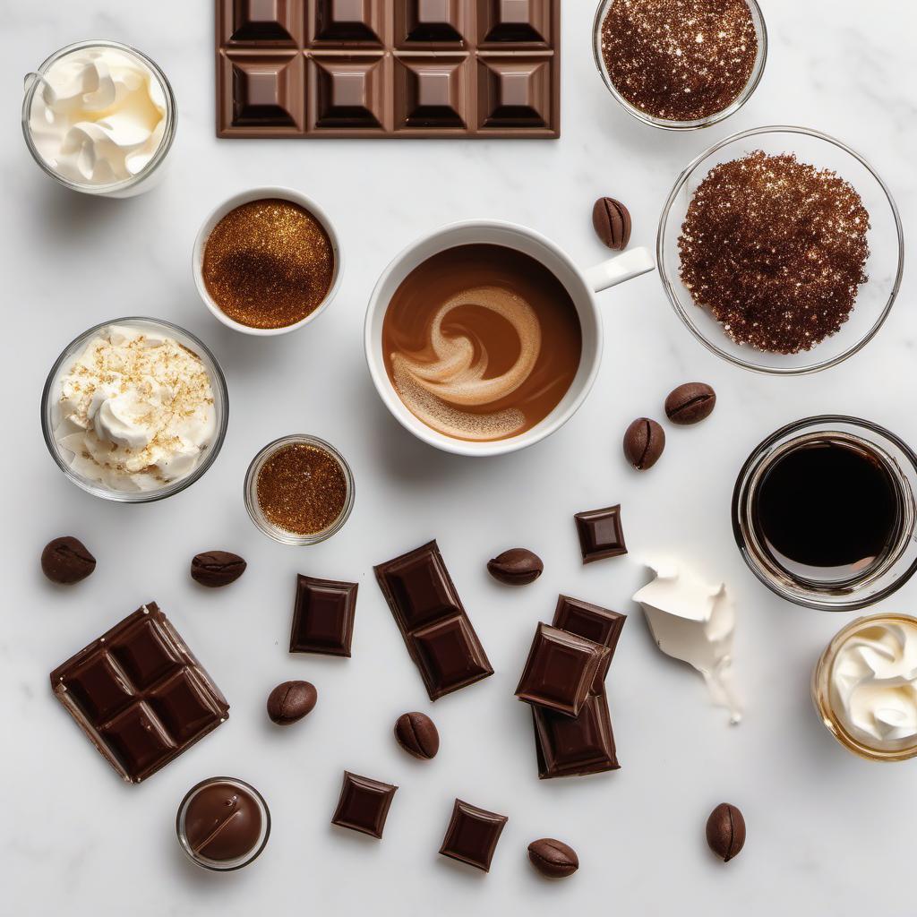 Items needed to answer the question, How do I create a Glitter Mocha at home. Items include:  Espresso  Chocolate  Edible Glitter  Whipped Cream
