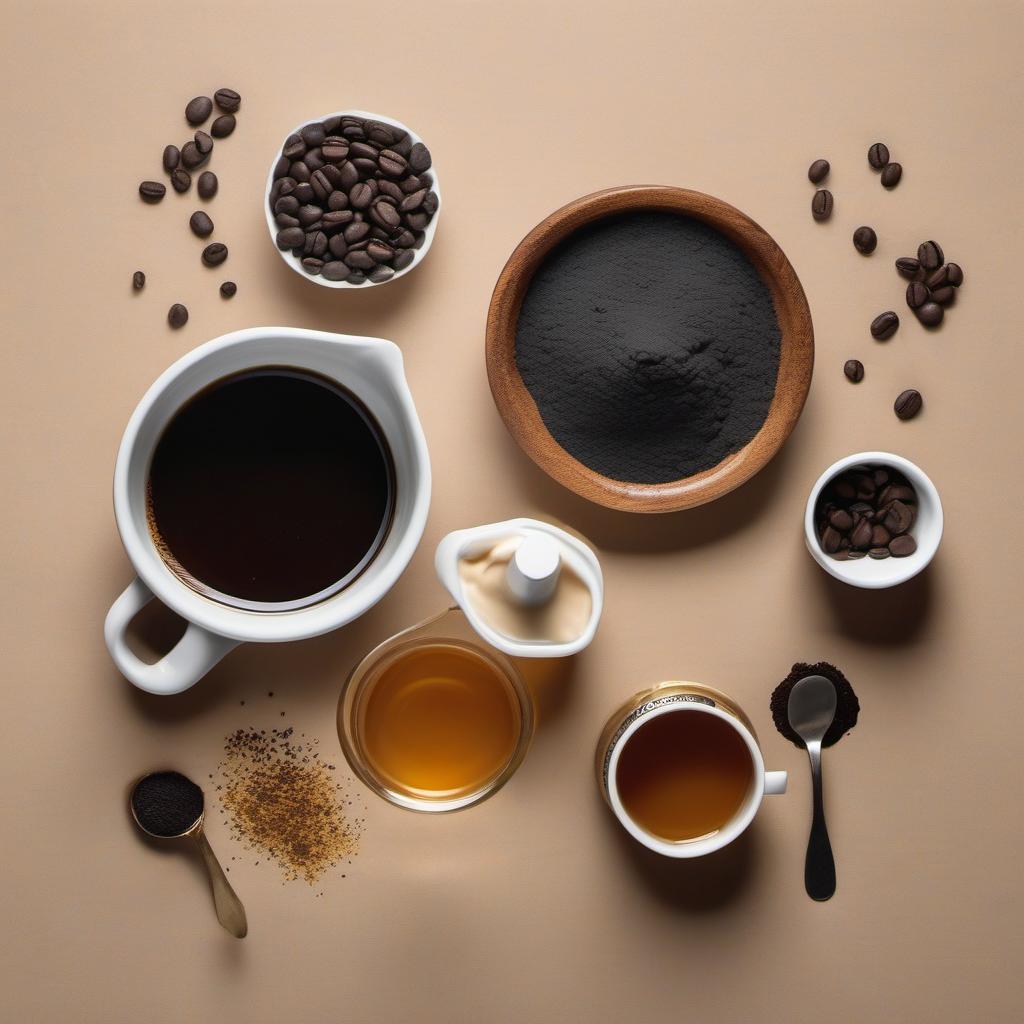 Items needed to answer the question, How do I make a Charcoal Latte. Items include:  Activated Charcoal Powder  Sweetener (maple syrup or honey)  Milk  Espresso Shot or Strong Brewed Coffee