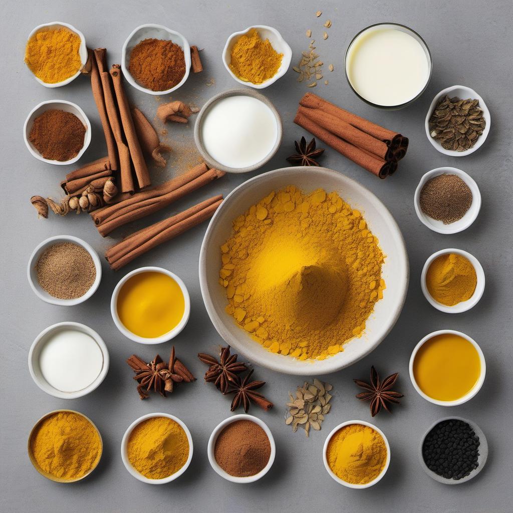 Items needed to answer the question, How do I make a Golden Turmeric Latte. Items include:  Turmeric powder  Ground cinnamon  Ground ginger  Ground black pepper  Ground cardamom  Water  Milk  Sweetener of choice  Optional toppings