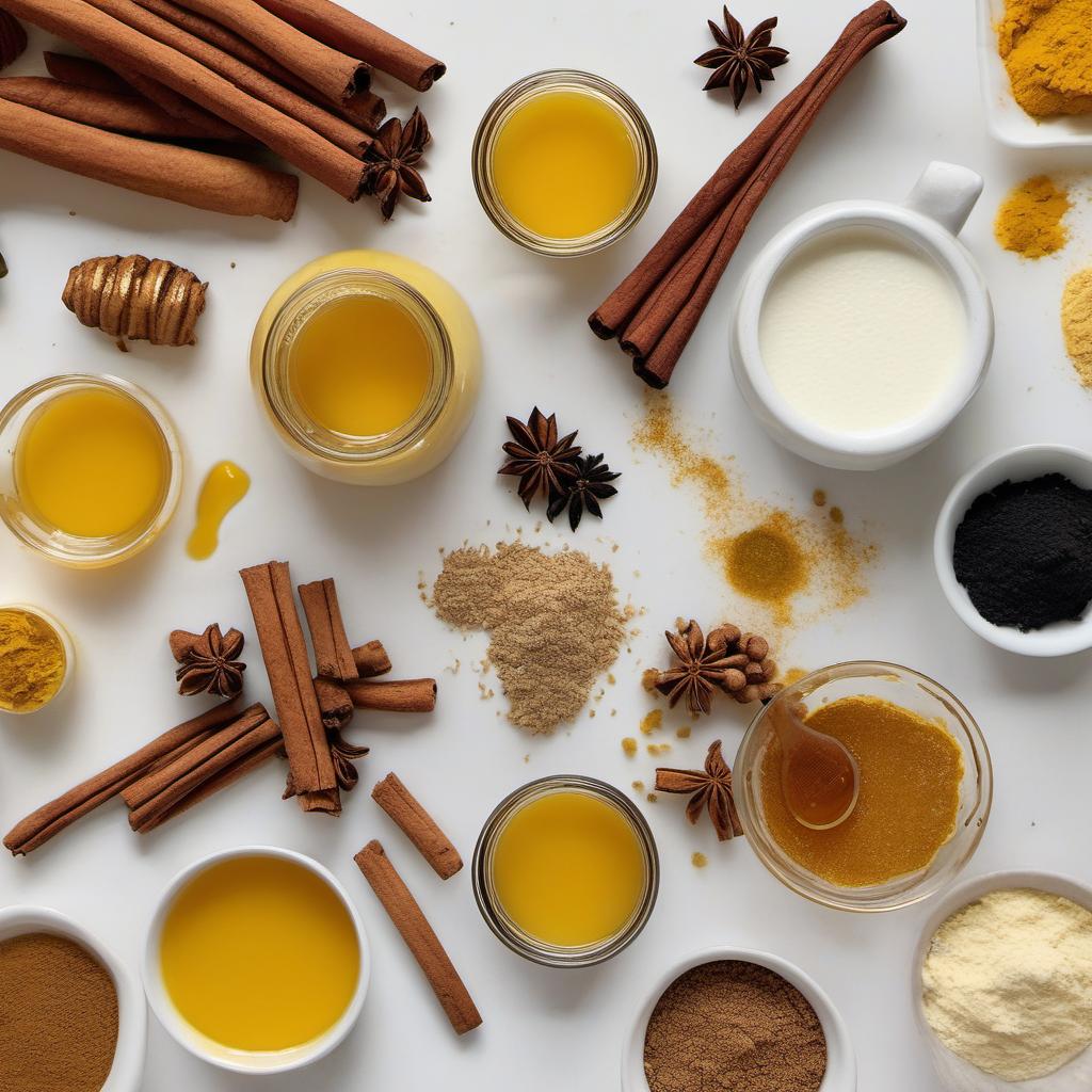 Items needed to answer the question, How do I make a Spiced Turmeric Latte. Items include:  Milk  Ground turmeric  Ground cinnamon  Ground ginger  Black pepper  Honey or maple syrup  Vanilla extract