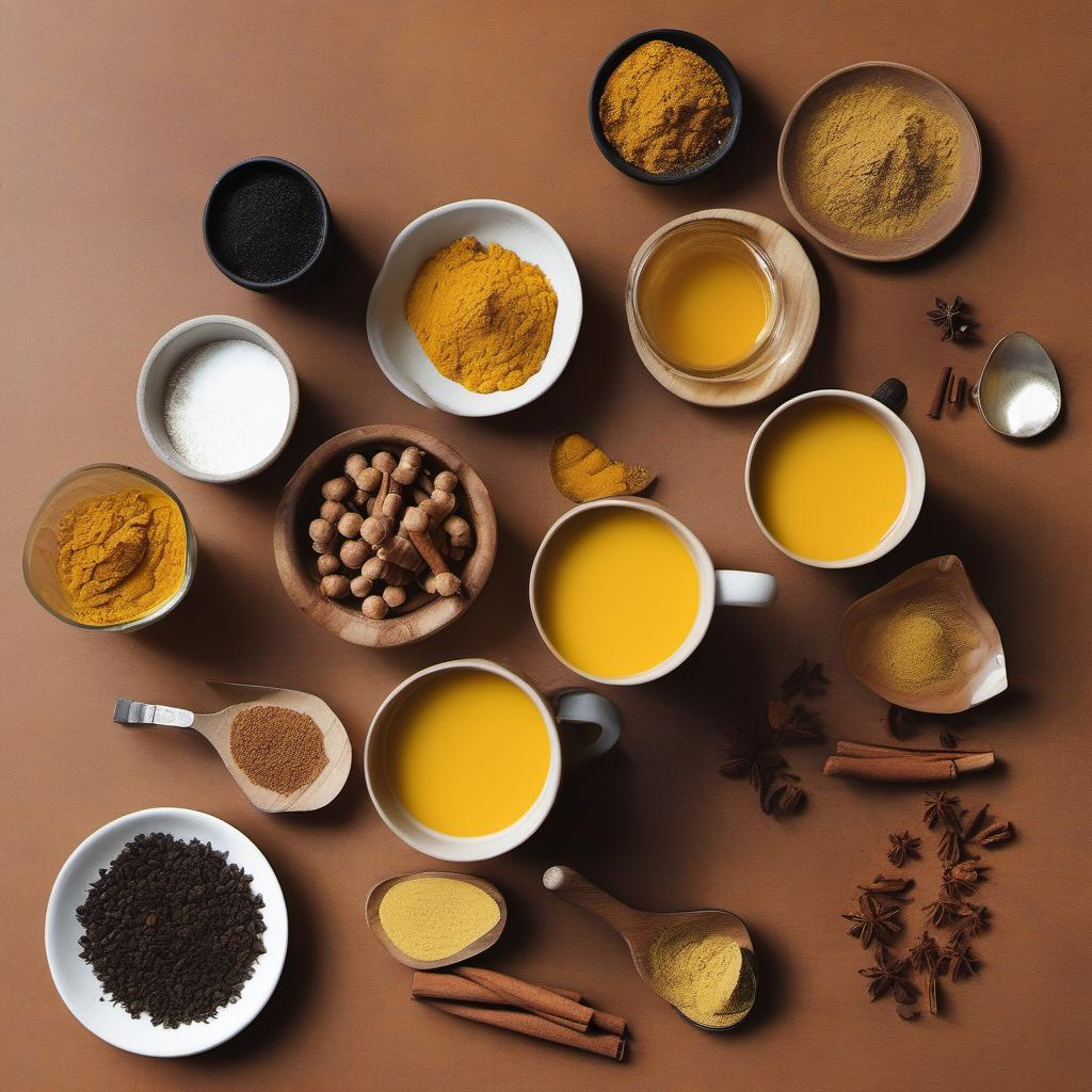Items needed to answer the question, How do I make a Vegan Turmeric Latte. Items include:  Non-Dairy Milk  Ground Turmeric  Ground Cinnamon  Ground Ginger  Maple Syrup  Black Pepper