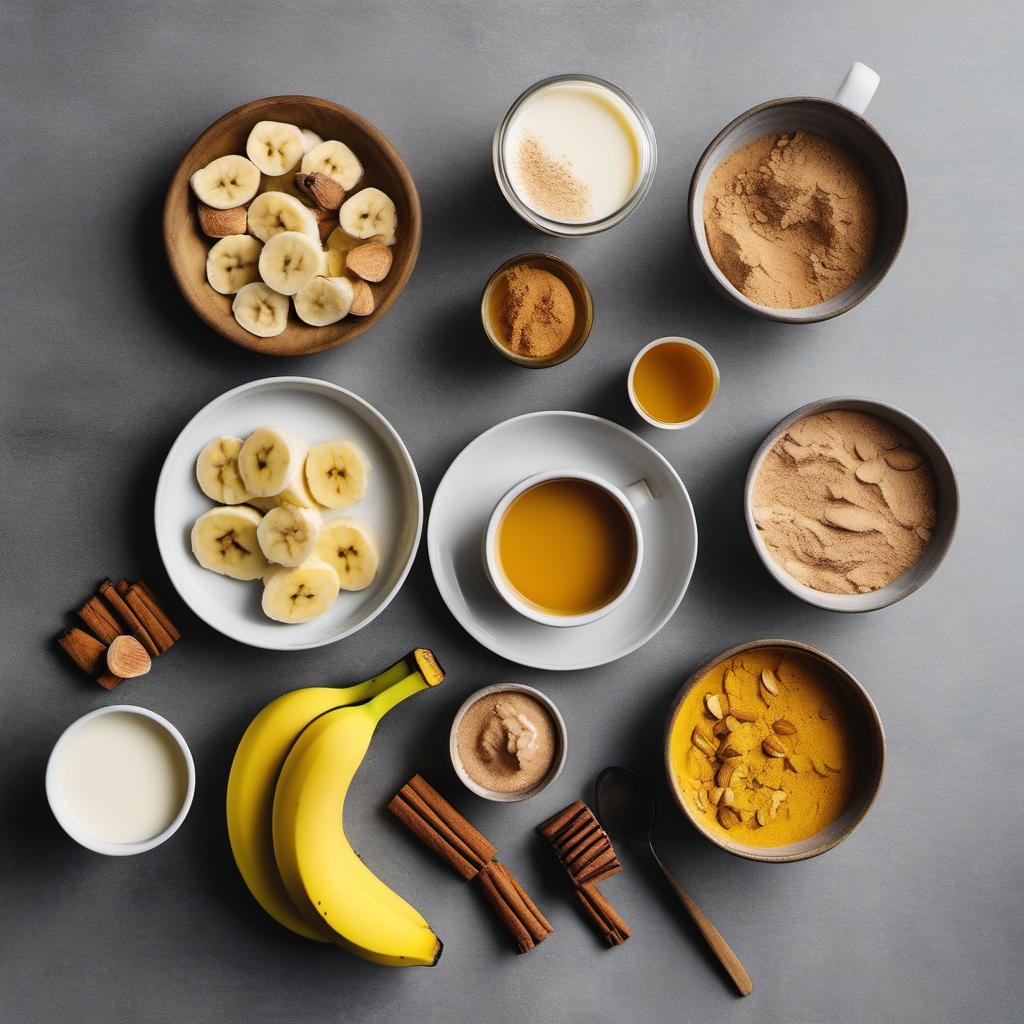 Items needed to answer the question, How do I make a Turmeric Latte Smoothie. Items include:  ripe banana  almond milk  almond butter  turmeric powder  cinnamon  black pepper  ground ginger  honey  ice cubes