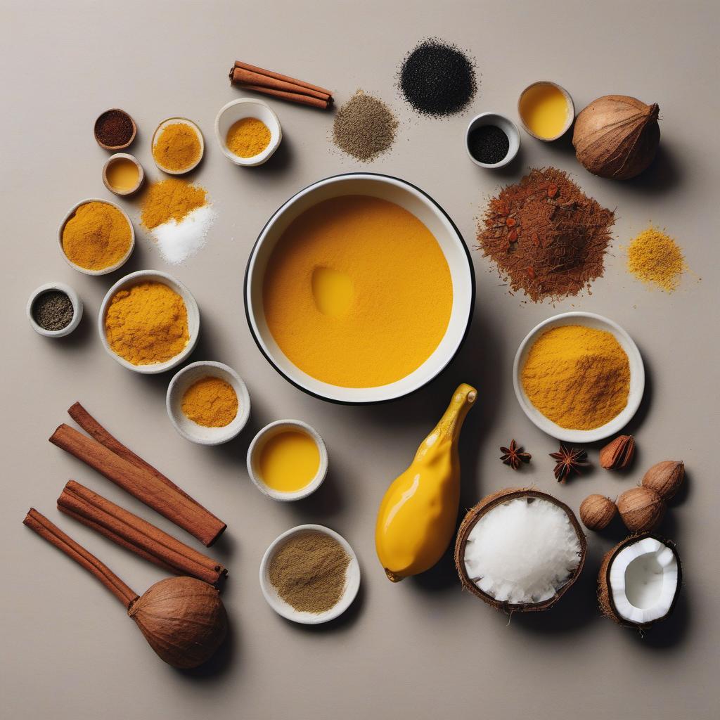 Items needed to answer the question, How do I make a Coconut Turmeric Latte. Items include:  Water  Ground Turmeric  Coconut Milk  Sweetener  Pinch of Black Pepper  Ground Cinnamon