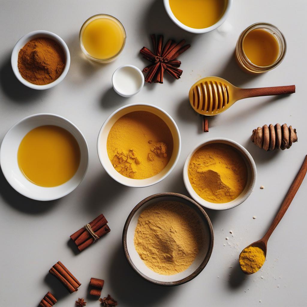 Items needed to answer the question, How do I make a Iced Turmeric Latte. Items include:  Water  Ground Turmeric Powder  Honey or Sweetener  Ice Cubes  Chilled Milk  Ground Cinnamon or Nutmeg