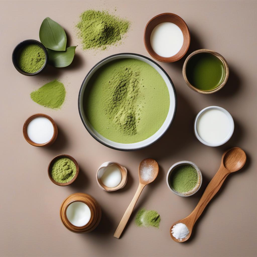 Items needed to answer the question, How do I make a matcha latte without a whisk. Items include:  Matcha powder  Hot water  Milk  Sweetener