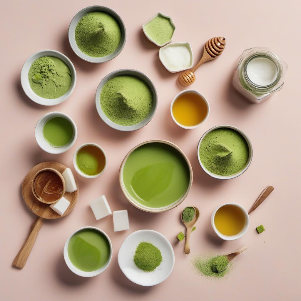 Items needed to answer the question, How do I make a matcha latte cold. Items include:  Matcha powder  Hot water  Honey or sweetener  Milk  Ice cubes