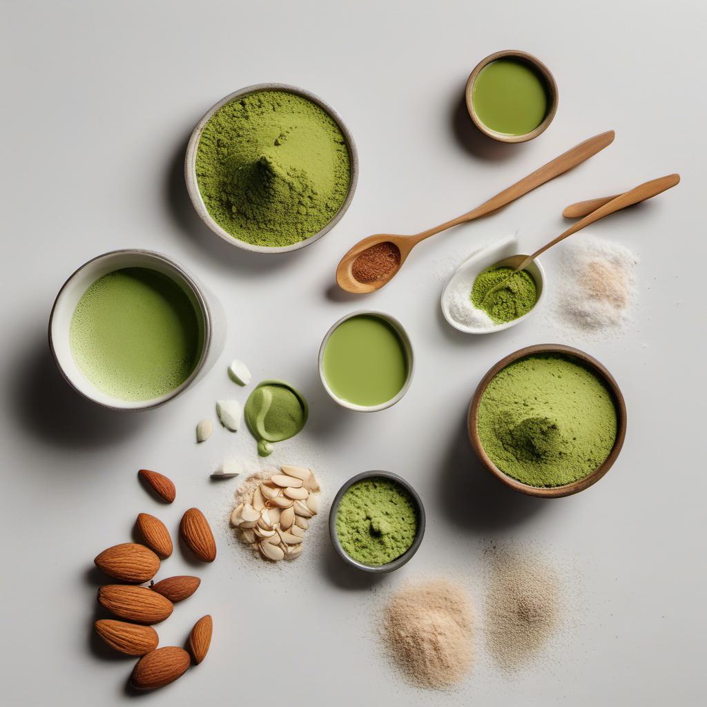 Items needed to answer the question, How do I make a matcha latte with almond milk. Items include:  matcha powder  almond milk  sweetener  salt