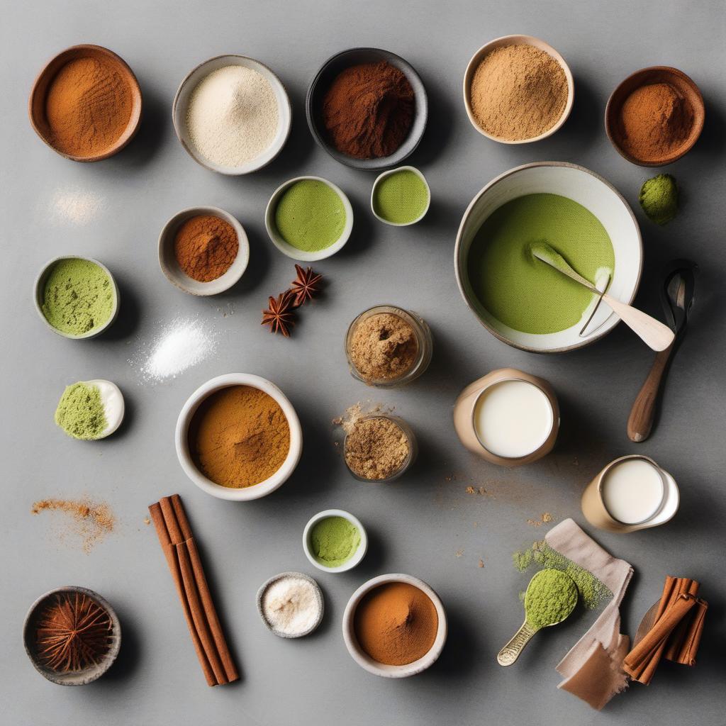 Items needed to answer the question, How do I make a matcha latte with a twist. Items include:  Matcha Powder  Milk (dairy or non-dairy)  Sweetener (honey, sugar, or agave)  Pinch of Spice (cinnamon, nutmeg, or cardamom)