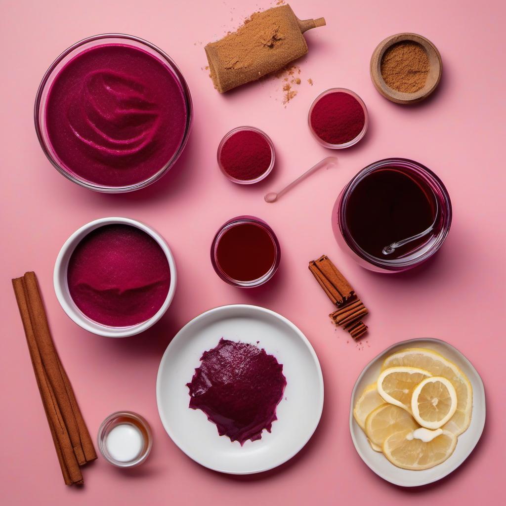 Items needed to answer the question, How do I make a Beetroot Latte thats Instagram-worthy. Items include:  Beetroot Juice  Milk  Honey  Ground Cinnamon  Ground Ginger  Nutmeg
