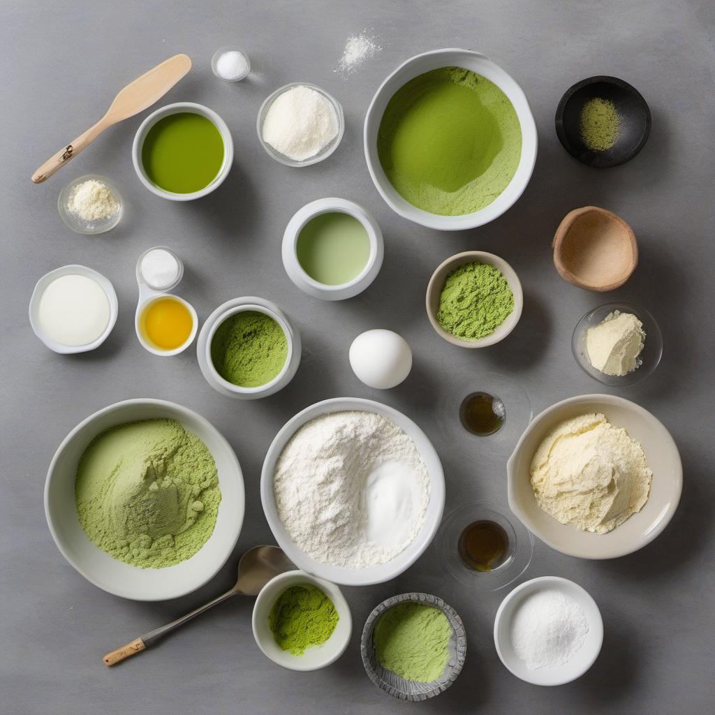 Items needed to answer the question, How do I create gourmet matcha green tea doughnuts. Items include:  Matcha powder  All-purpose flour  Sugar  Baking powder  Salt  Unsalted butter  Milk  Vanilla extract  Eggs