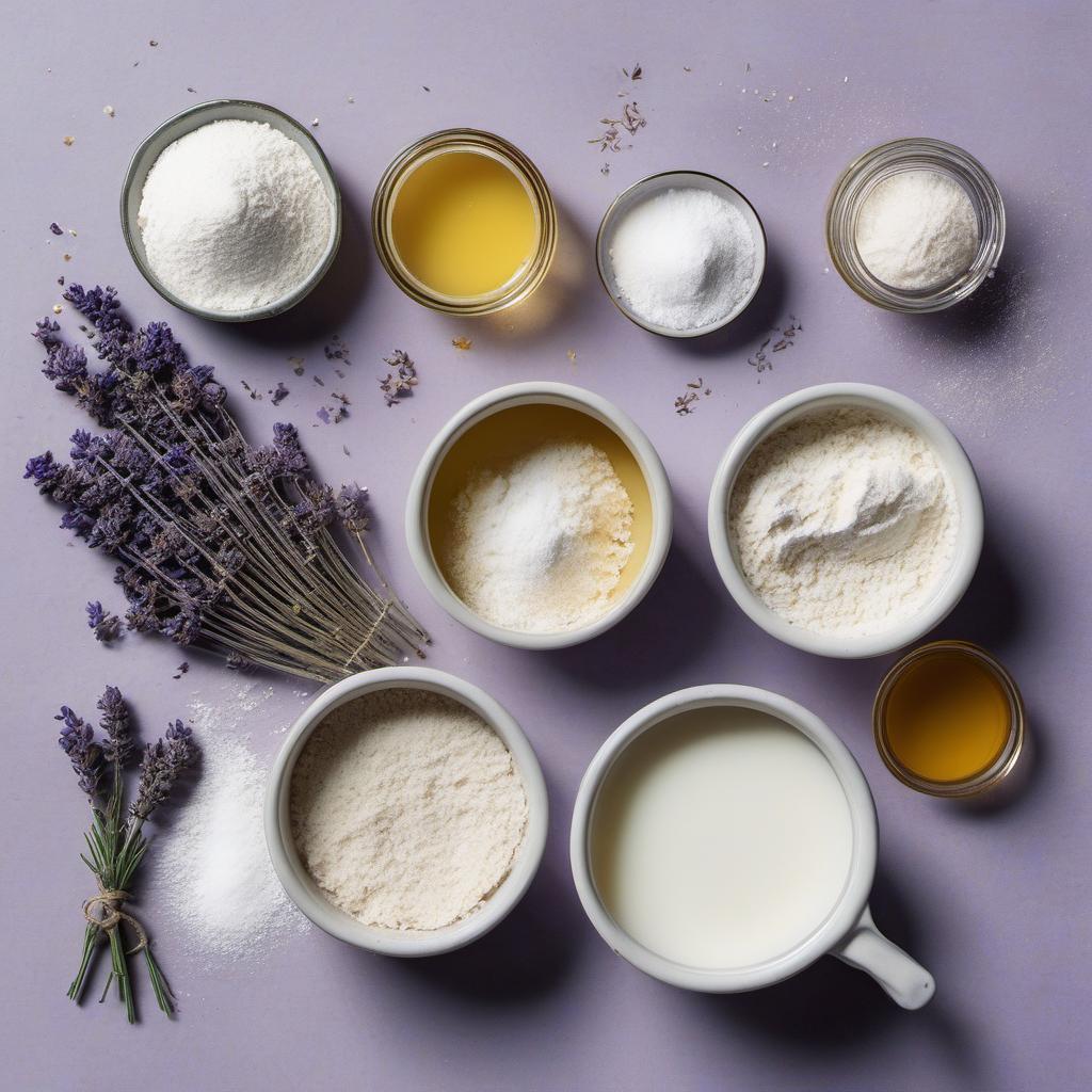 Items needed to answer the question, How do I create unique lavender honey doughnuts. Items include:  Flour  Sugar  Baking powder  Salt  Milk  Dried lavender flowers  Honey  Butter  Vanilla extract  Powdered sugar