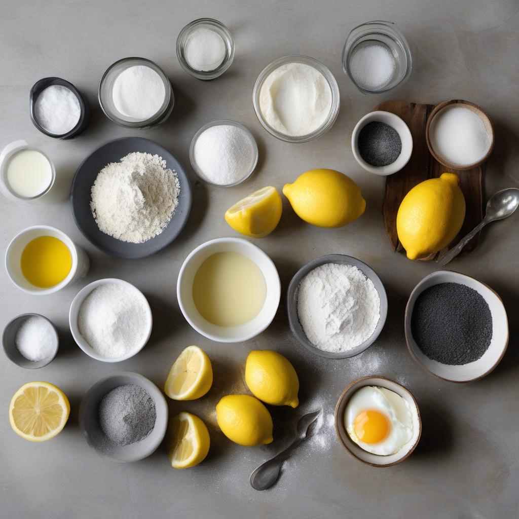 Items needed to answer the question, How do I make zesty lemon poppy seed doughnuts. Items include:  All-Purpose Flour  Sugar  Baking Powder  Poppy Seeds  Salt  Zest of Lemons  Lemon Juice  Butter  Eggs  Vanilla Extract  Powdered Sugar  Milk
