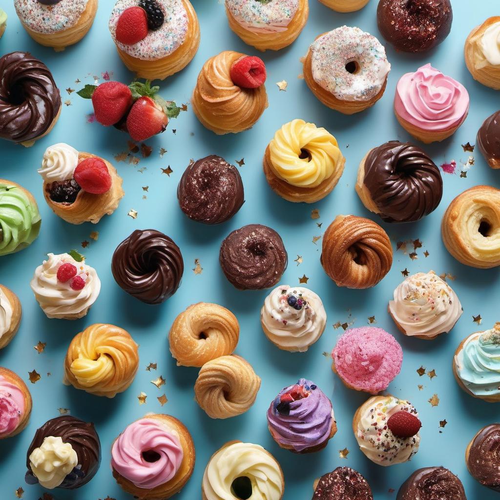 Items needed to answer the question, How do I decorate a cruffin. Items include:  cruffins  frosting/glazes  sprinkles  fruits  chocolate  edible glitter