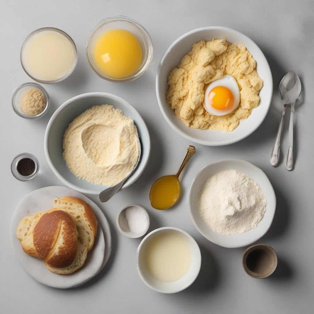 Items needed to answer the question, How do I make savory cruffins. Items include:  All-purpose flour  Sugar  Salt  Instant yeast  Warm milk  Melted butter  Eggs  Savory filling