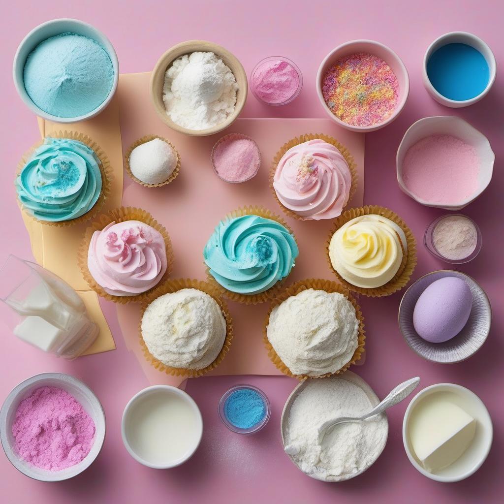 Items needed to answer the question, How do I create adorable unicorn cupcakes that sparkle and shine. Items include:  all-purpose flour  baking powder  unicorn magic  unsalted butter  granulated sugar  eggs  vanilla extract  milk  food coloring  cupcake liners  buttercream frosting  edible glitter  fondant unicorn horn  edible candy eyes