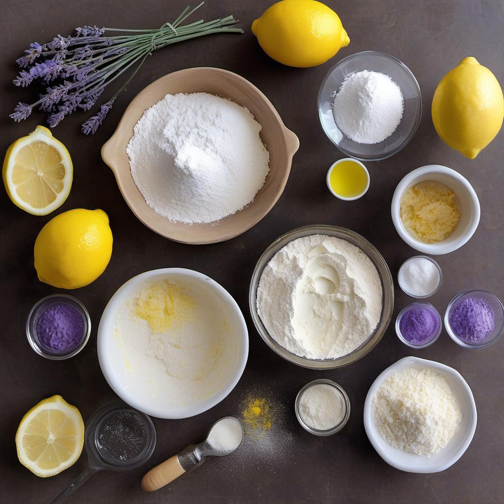 Items needed to answer the question, How do I make fancy lemon lavender cupcakes with a tangy twist. Items include:  Flour  Baking Powder  Salt  Unsalted Butter  Sugar  Eggs  Lemon Zest  Lavender Buds  Milk  Freshly Squeezed Lemon Juice  Vanilla Extract