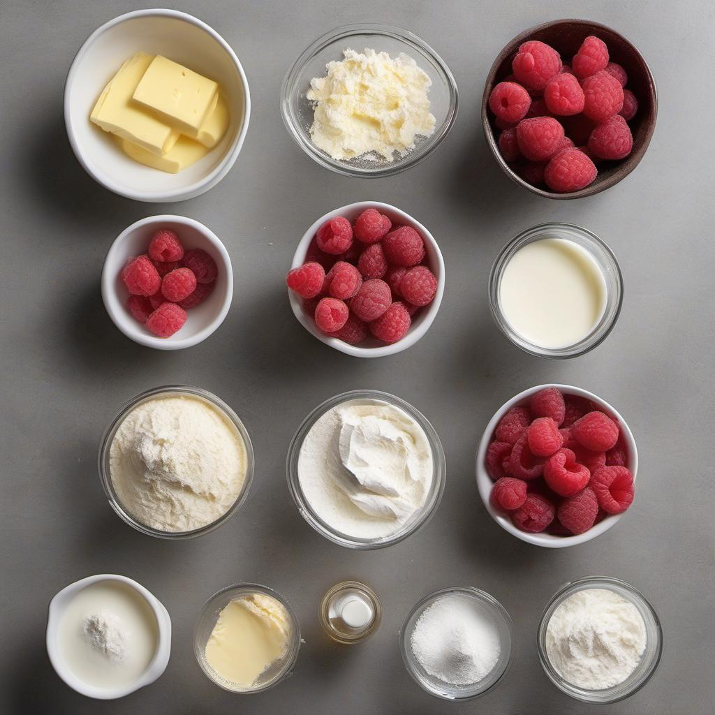 Items needed to answer the question, How do I create a delectable raspberry and cream cheese danish pastry. Items include:  all-purpose flour  granulated sugar  salt  cold unsalted butter  cold water  cream cheese  vanilla extract  fresh raspberries  egg  milk