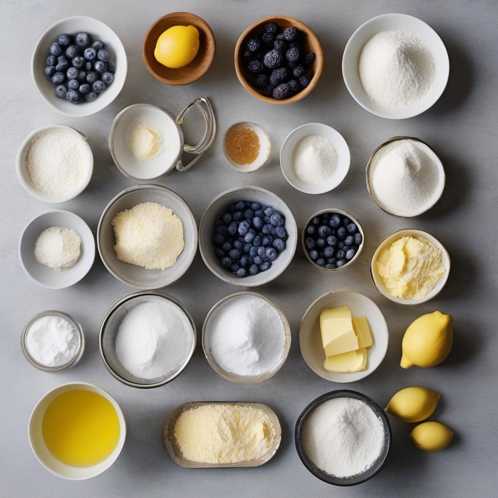 Items needed to answer the question, How do I prepare a divine blueberry lemon danish pastry. Items include:  All-purpose flour  Granulated sugar  Salt  Unsalted butter  Buttermilk  Lemon juice  Lemon zest  Cornstarch  Blueberries  Egg (beaten)  Coarse sugar