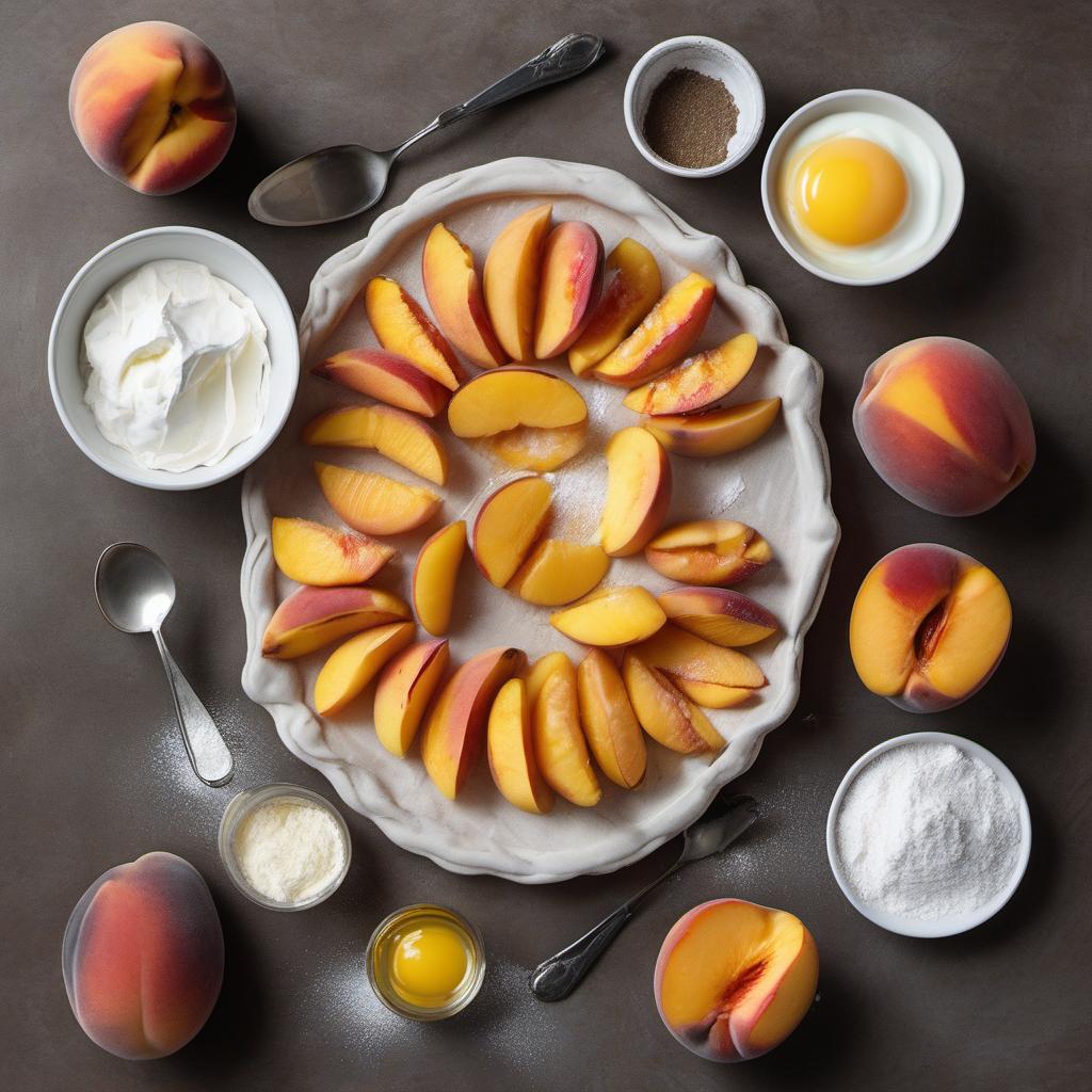 Items needed to answer the question, How do I craft a delicious peach and cream cheese danish pastry. Items include:  Fresh peaches  Sugar  Lemon juice  Cream cheese  Egg yolk  Vanilla extract  Puff pastry  Powdered sugar  Beaten egg