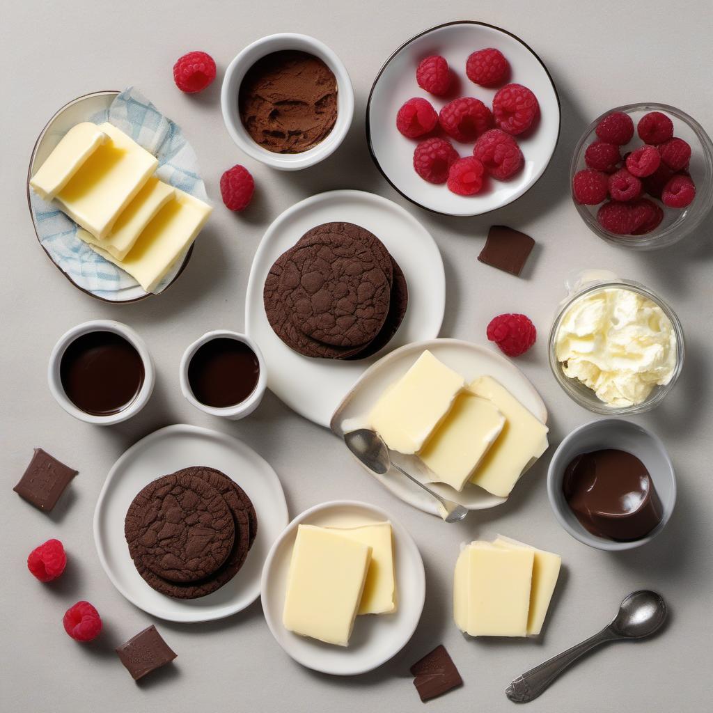 Items needed to answer the question, How do I make a Raspberry Chocolate Cheesecake. Items include:  Crushed chocolate sandwich cookies  Butter  Cream chees  Sugar  Vanilla extract  Eggs  Melted chocolate  Raspberries