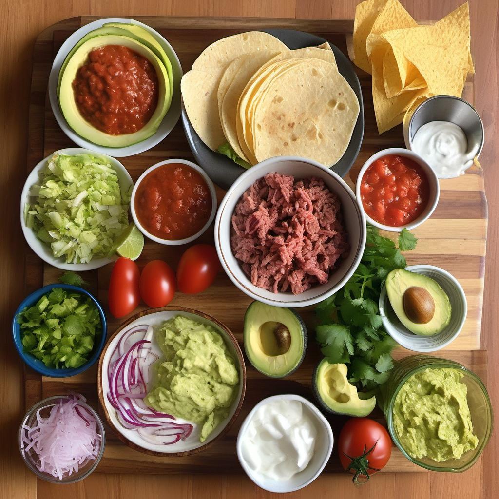 Items needed to answer the question, How do I create a taco bar extravaganza. Items include:  Ground beef or chicken  Tortillas  Cheese  Lettuce  Tomatoes  Onions  Salsa  Guacamole  Sour cream  Jalapenos  Cilantro  Lime