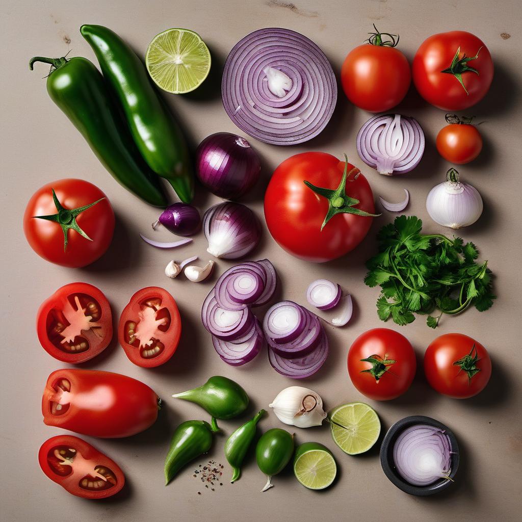 Items needed to answer the question, How do I create a fiery salsa for my tacos. Items include:  Tomatoes  Red Onion  Jalapeno Peppers  Garlic Cloves  Lime  Fresh Cilantro  Salt